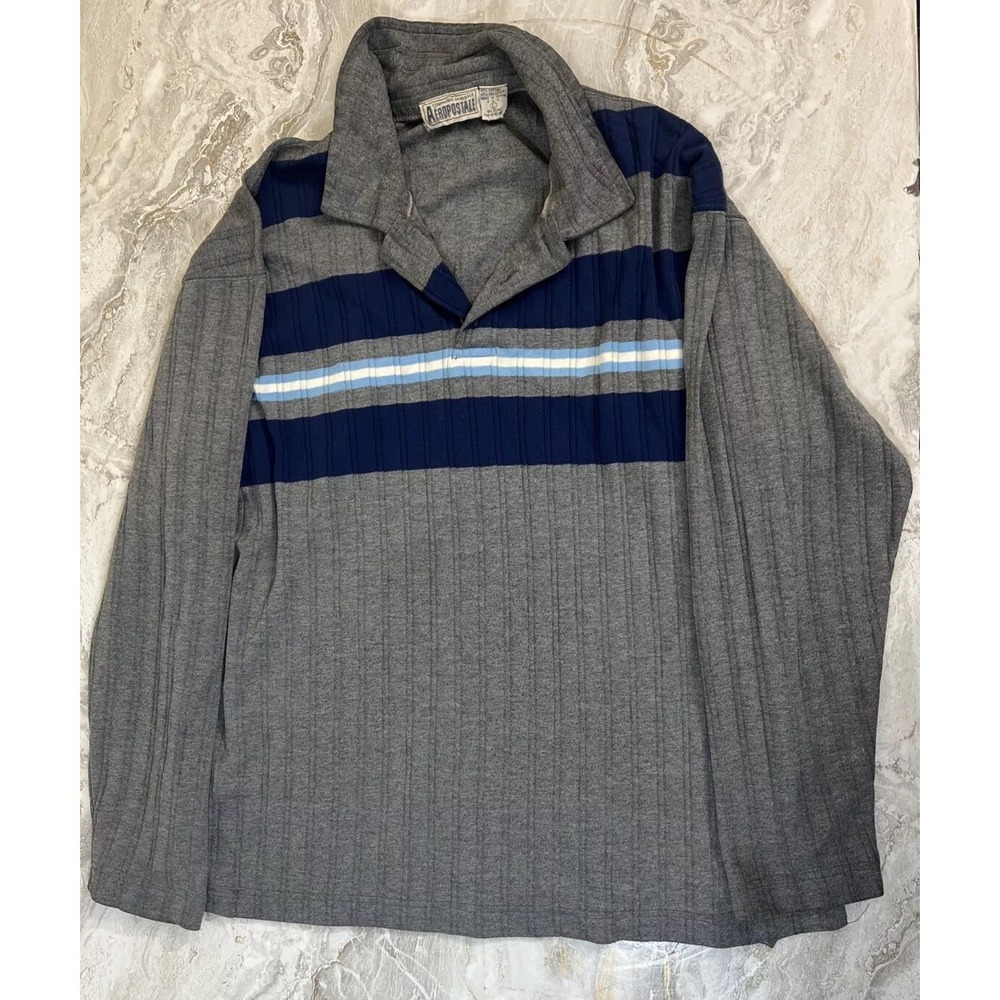 Aeropostale Long Sleeve T-Shirt Men's Size L Gray Blue Stripe Cotton Polyester